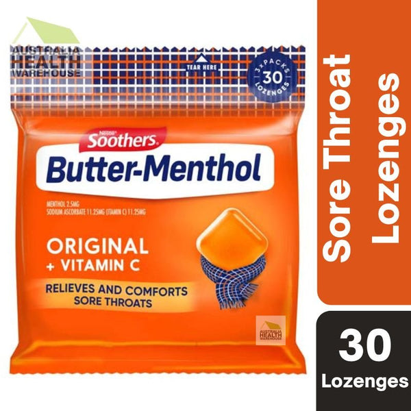 [Expiry: 05/2025] Soothers Butter-Menthol Original + Vitamin C Sore Throat Lozenges 30 Multipack