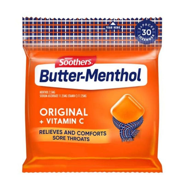 [Expiry: 05/2025] Soothers Butter-Menthol Original + Vitamin C Sore Throat Lozenges 30 Multipack