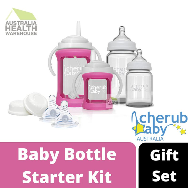 Cherub Baby Glass Bottle Wide Neck Starter Kit (0 months+ & above) - Pink