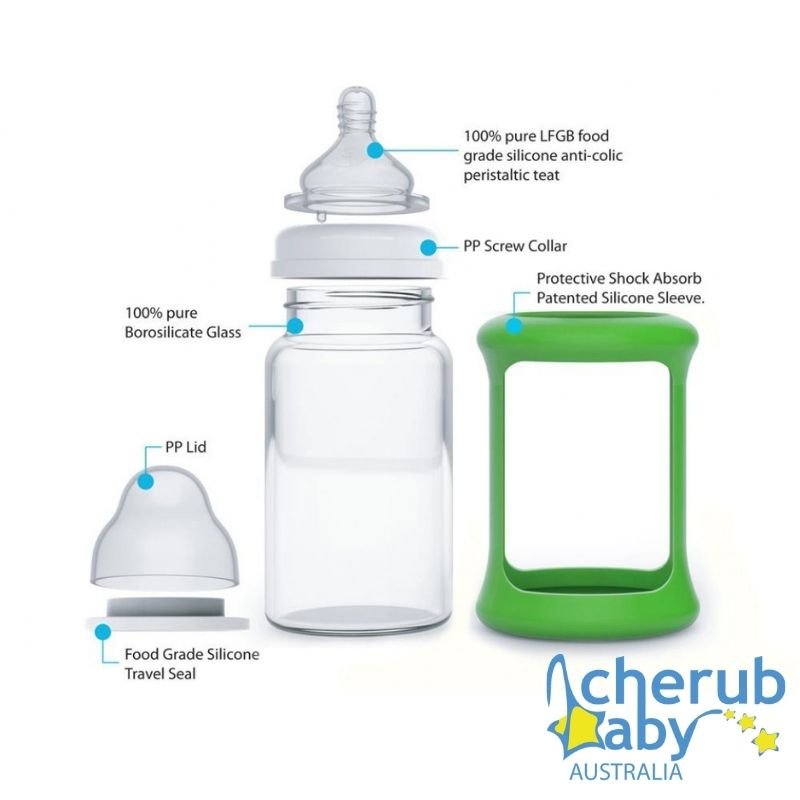 Cherub Baby Glass Bottles Wide Neck 0 Month+ 150ml Single Pack - Green