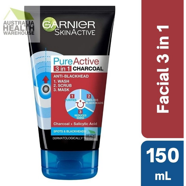 Garnier Pure Active 3 in 1 Charcoal Anti-Blackhead Wash Scrub & Mask 150mL