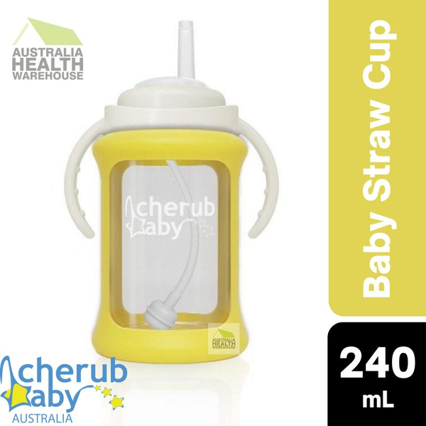 Cherub Baby Wide Neck Glass Straw Cup 240mL (9 Months+) - Yellow
