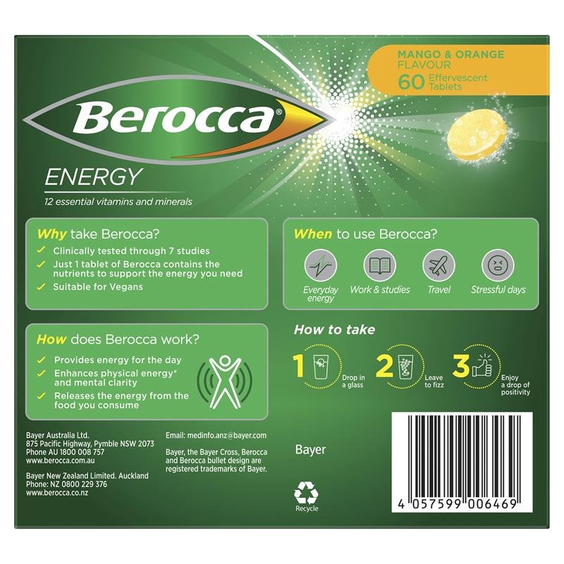 Berocca Performance Mango & Orange 60 Effervescent Tablets November 2024