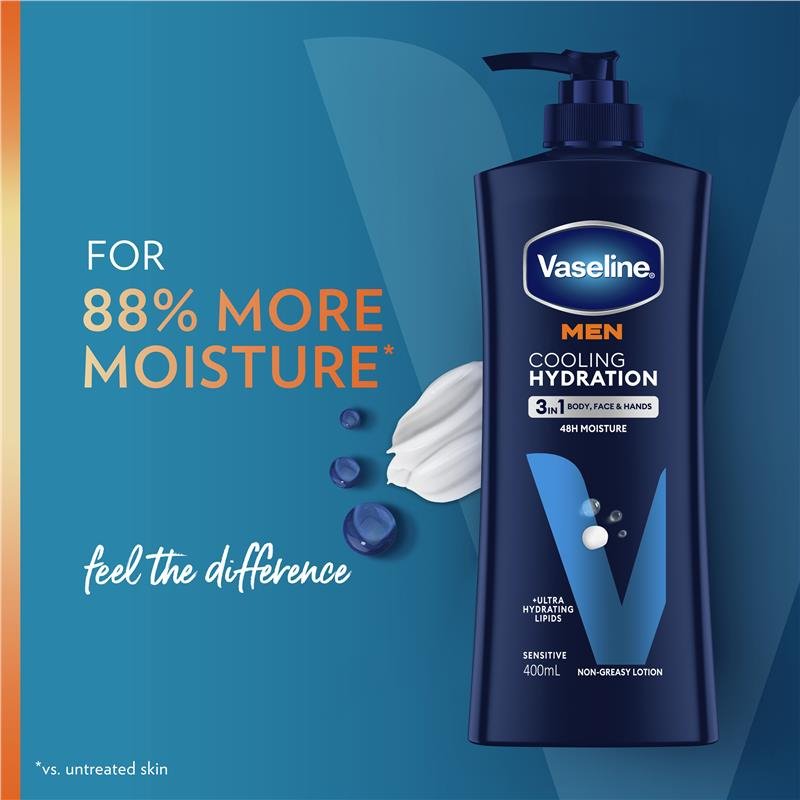 Vaseline Men Cooling Hydration 3In1 Body, Face & Hands Lotion 400mL