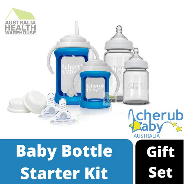 Cherub Baby Glass Bottle Wide Neck Starter Kit (0 Months+ & above) - Blue