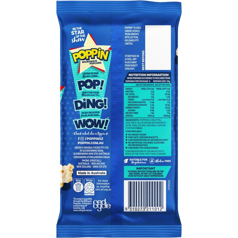 [CLEARANCE EXPIRY: 12/03/24] Poppin Microwave Popcorn Sea Salt Flavour 100g