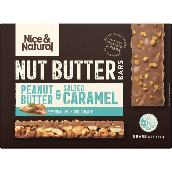 [CLEARANCE: 26/03/24] Nice & Natural Nut Butter Bars Peanut Butter & Salted Caramel with Real Milk Chocolate 5 Bars 175g