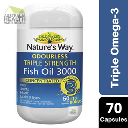 Nature's Way Odourless Omega Triple Strength Fish Oil 3000 60 Capsules + 10 Bonus January 2026