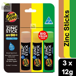 Sun Zapper Zinc Sticks SPF 50+ Mixed Pack 3 x 12g Skin Tone, Yellow & Green