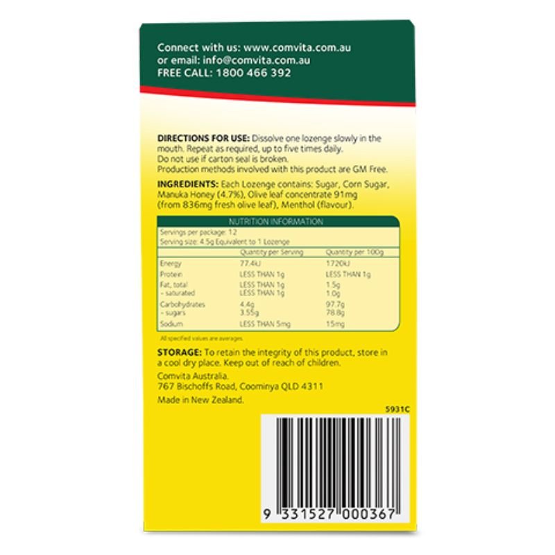 Comvita Olive Leaf Extract with Manuka Honey 12 Lozenges May 2026