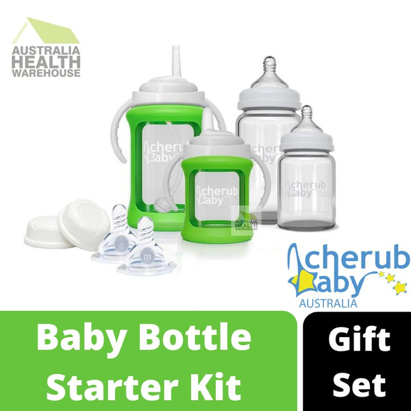 Cherub Baby Glass Bottle Wide Neck Starter Kit (0 Months+ & above) - Green