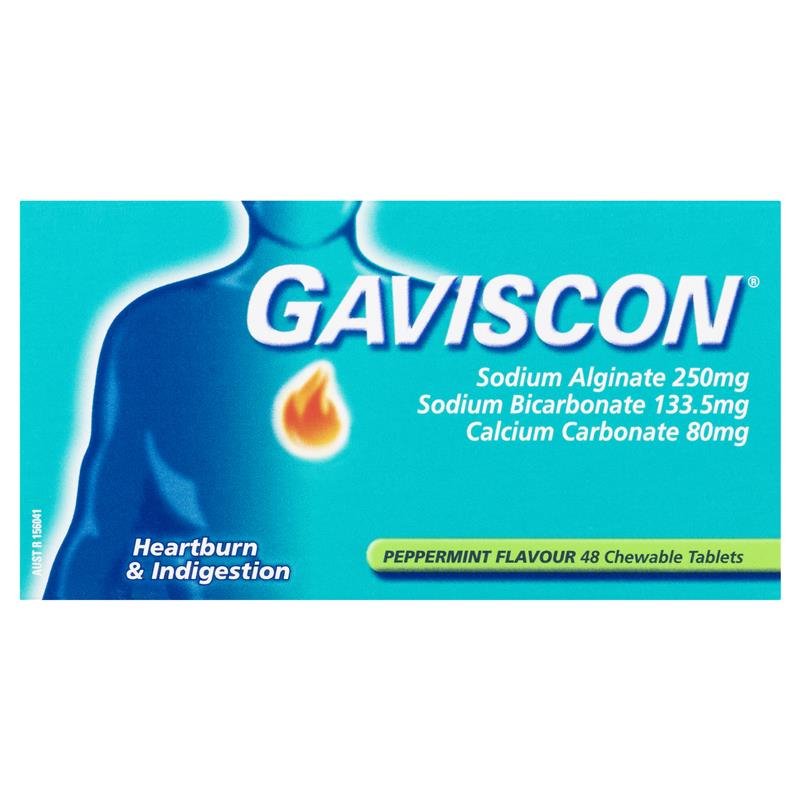 Gaviscon Heartburn & Indigestion Relief Peppermint 48 Chewable Tablets May 2025