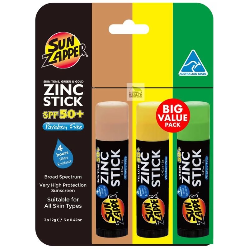 Sun Zapper Zinc Sticks SPF 50+ Mixed Pack 3 x 12g Skin Tone, Yellow & Green