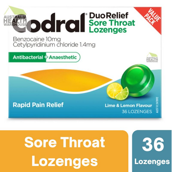 [Expiry: 04/2025] Codral Sore Throat Lozenges Antibacterial + Anaesthetic Lime & Lemon 36 Lozenges