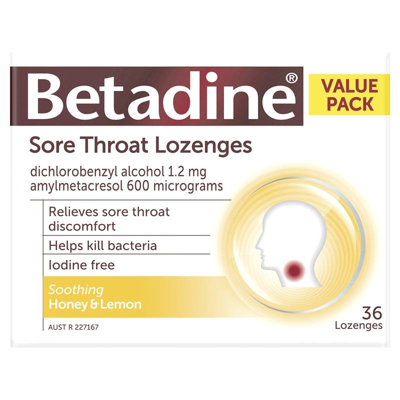 Betadine Sore Throat Lozenges Soothing Honey & Lemon Flavour 36 Pack March 2025