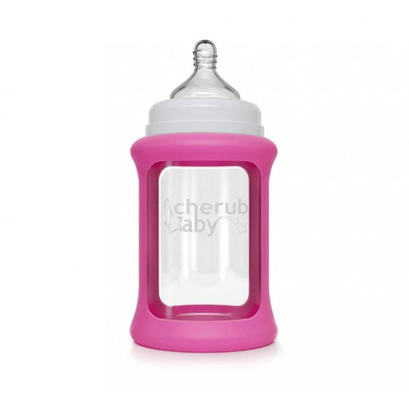 Cherub Baby Glass Bottles Wide Neck 240ml (3 months+) Single Pack - Pink