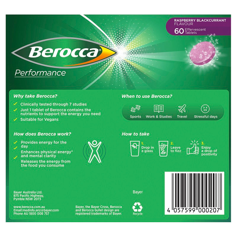 Berocca Performance Raspberry & Blackcurrant Effervescent Tablets 60 Pack July 2023
