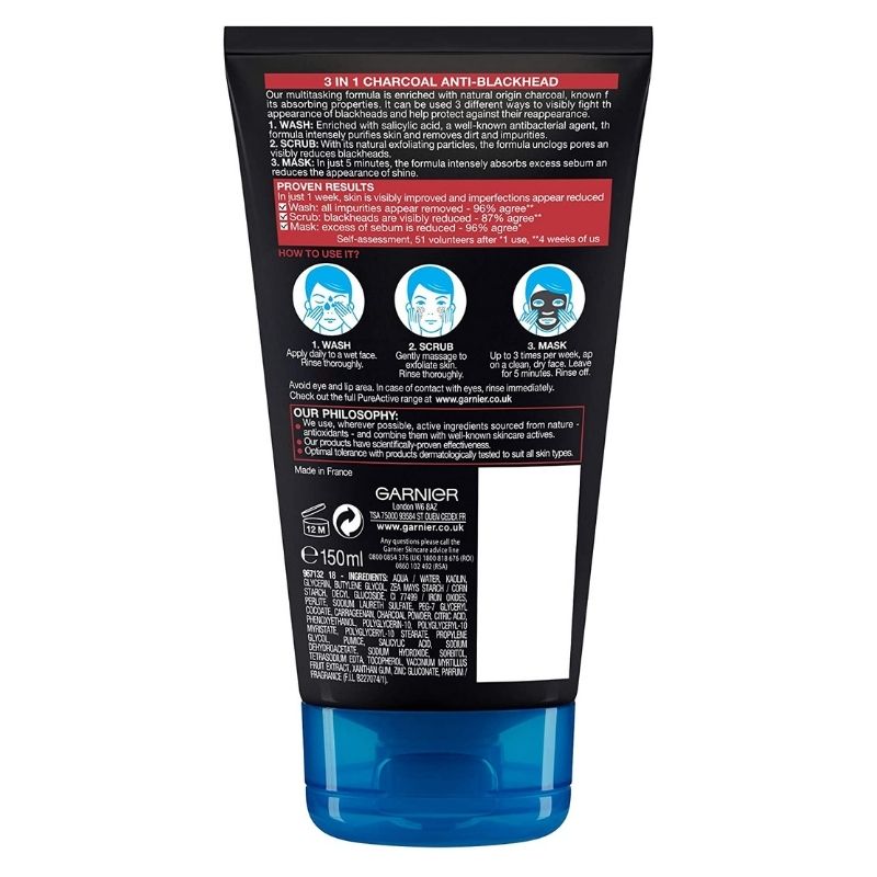 Garnier Pure Active 3 in 1 Charcoal Anti-Blackhead Wash Scrub & Mask 150mL