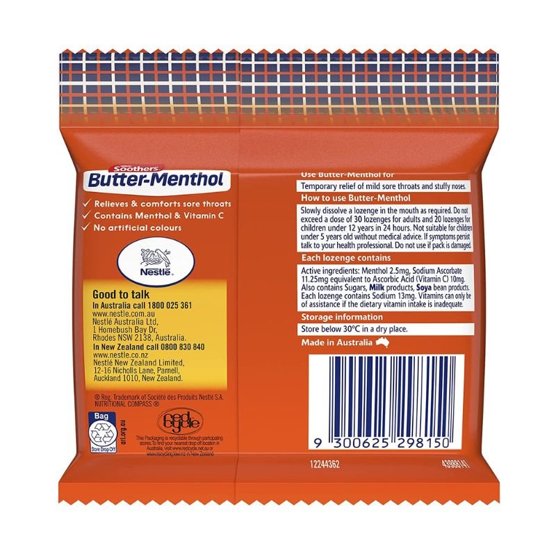 Soothers Butter-Menthol Original + Vitamin C Sore Throat Lozenges 30 Multipack May 2025