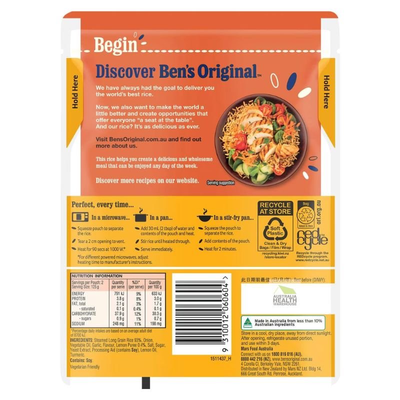 Expiry date: 15/07/2024 Ben's Original Lightly Flavoured Lemon Rice Microwave Rice Pouch 250g