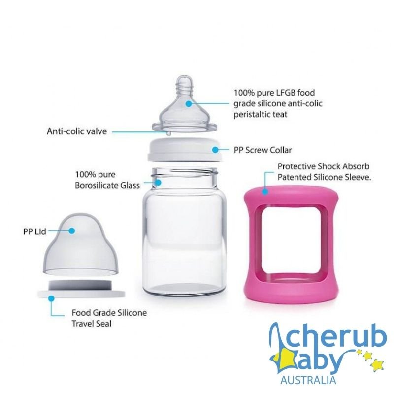 Cherub Baby Glass Bottles Wide Neck 0 Month+ 150ml Single Pack - Pink