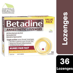 Betadine Sore Throat Lozenges Anaesthetic Honey & Lemon Flavour 36 Pack June 2024
