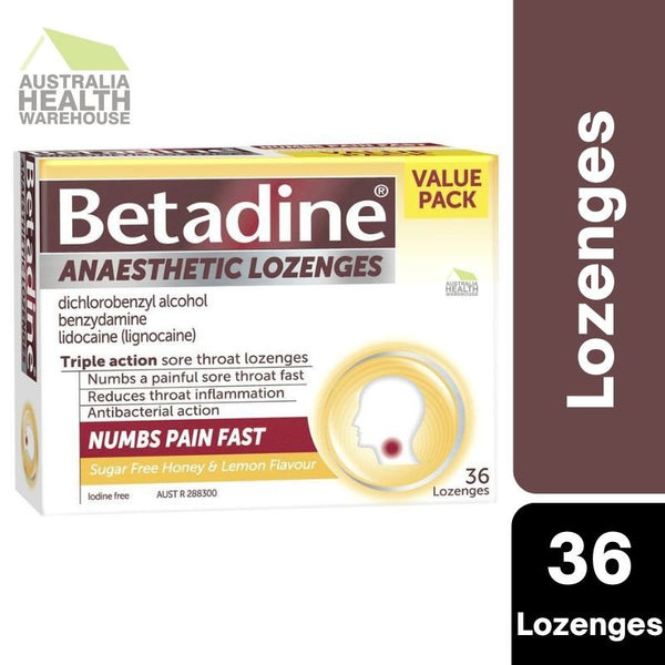 [Expiry: 06/2024] Betadine Sore Throat Lozenges Anaesthetic Honey & Lemon Flavour 36 Pack