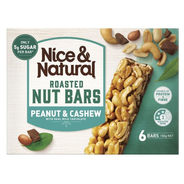 [Expiry: 30/09/2024] Nice & Natural Roasted Nut Bars Peanut & Cashew with Real Milk Chocolate 6 Bars 192g