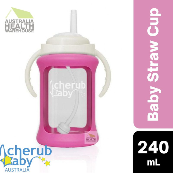 Cherub Baby Wide Neck Glass Straw Cup 240mL (9 Months+) - Pink