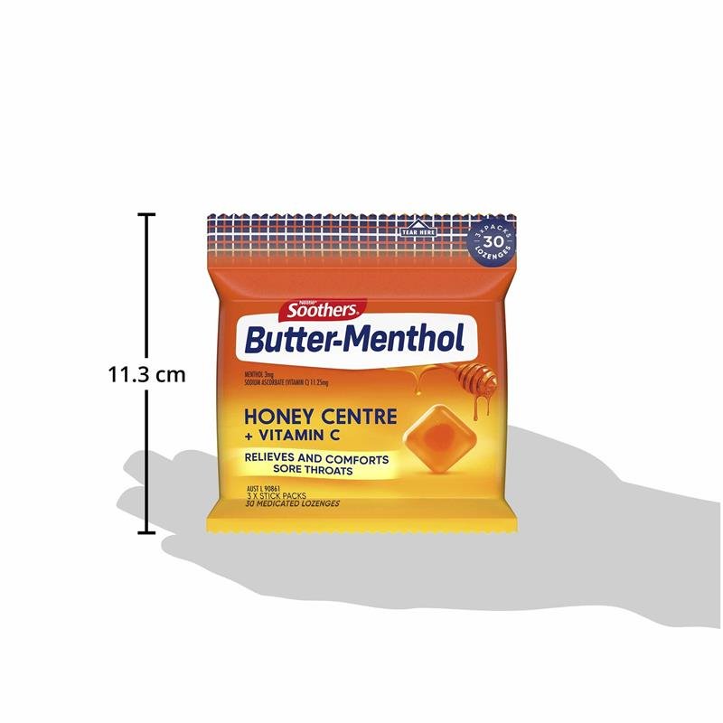 [Expiry: 03/2025] Soothers Butter-Menthol Honey Centre + Vitamin C Lozenges 3x10 Multipack