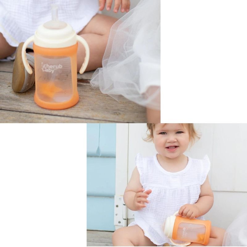 Cherub Baby Wide Neck Glass Straw Cup 240mL (9 Months+) - Orange