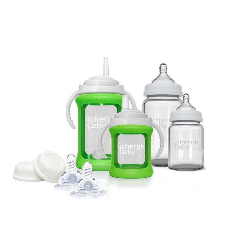 Cherub Baby Glass Bottle Wide Neck Starter Kit (0 Months+ & above) - Green