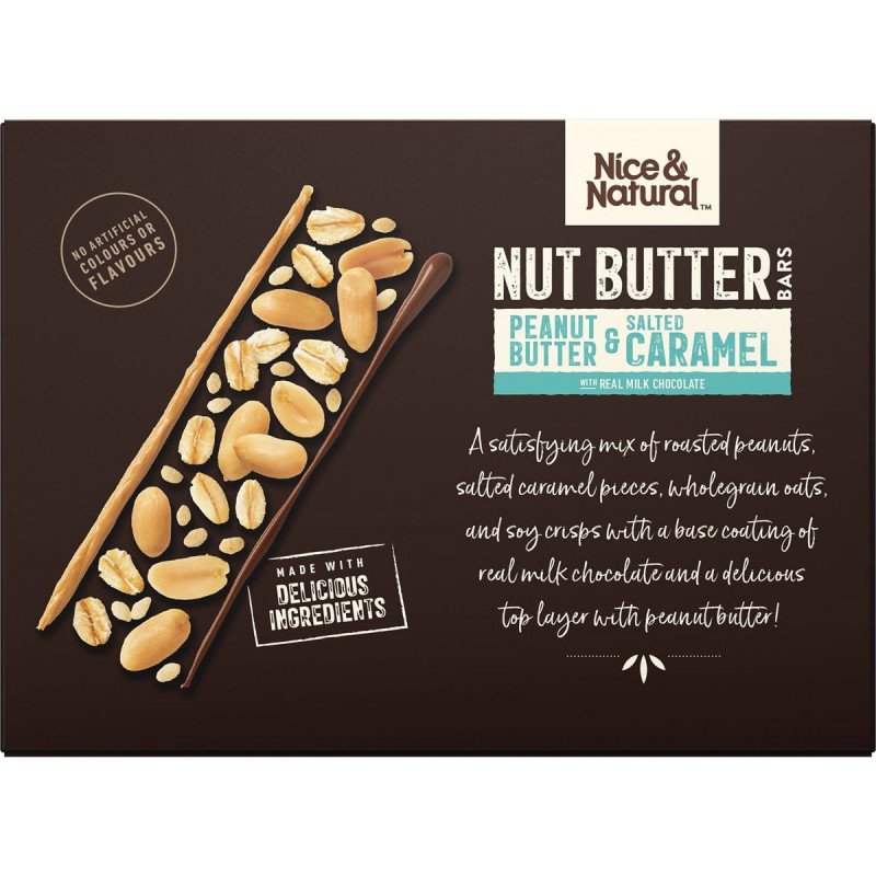 [CLEARANCE: 26/03/24] Nice & Natural Nut Butter Bars Peanut Butter & Salted Caramel with Real Milk Chocolate 5 Bars 175g