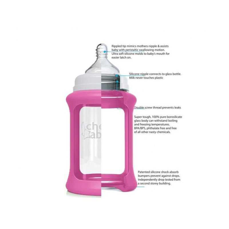 Cherub Baby Glass Bottle Wide Neck Starter Kit (0 months+ & above) - Pink