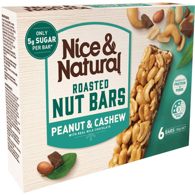 Nice & Natural Roasted Nut Bars Peanut & Cashew with Real Milk Chocolate 6 Bars 192g [3 September 2024]